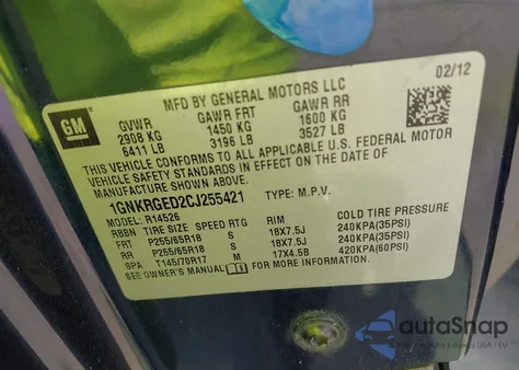 2012 Chevrolet Traverse 1Lt from USA, damaged, VIN 1GNKRGED2CJ255421